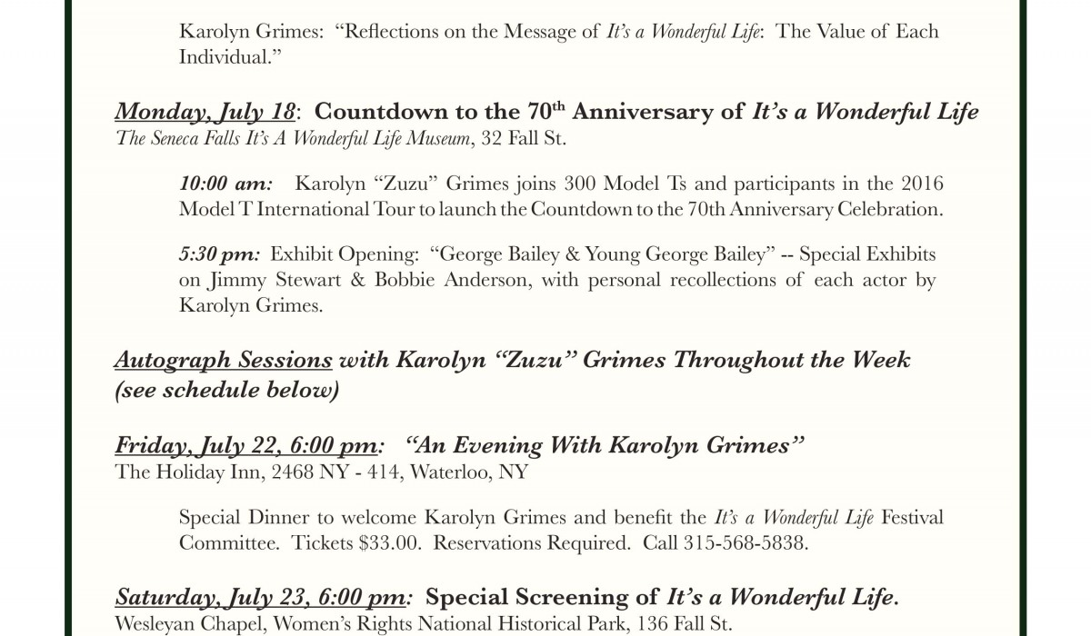 Schedule of Events for 70th Countdown